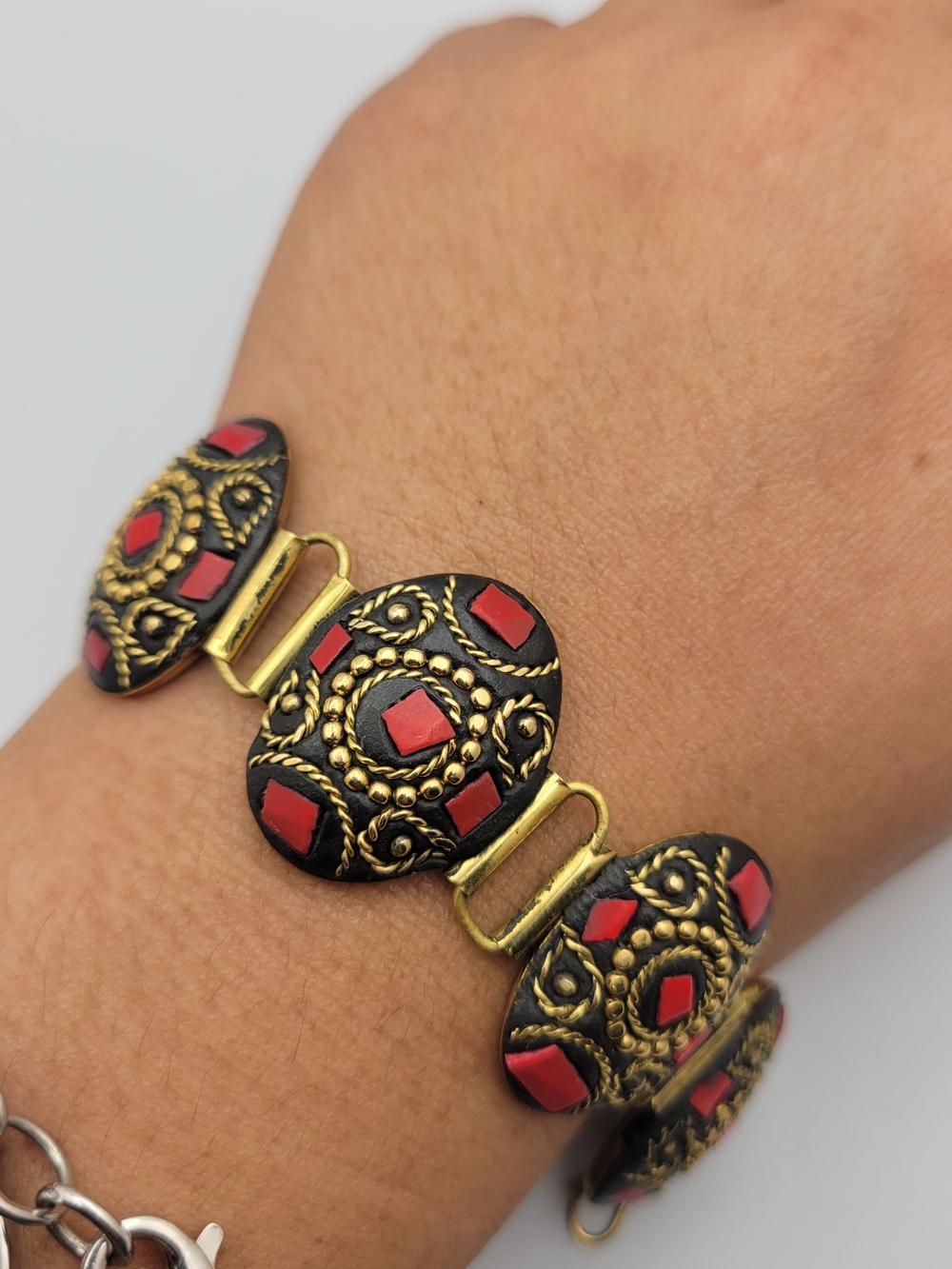 Vintage Boho Mosaic Panel Link Likely Tibetan/Afghan Bracelet